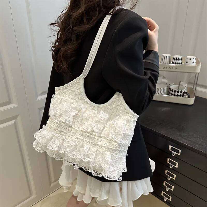 Sweet Lace Female Underarm Shoulder Bag Simple Pleated Women Travel Tote Bags Solid Color Portable Ladies Commuting Handbag Y260205