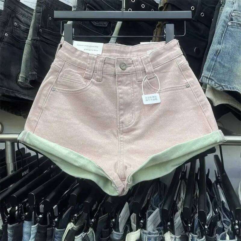 Summer 2025 New Contrasting Color Elastic High Waist Apricot Denim Women's Curling Jeans Hot Pants Booty Shorts XJ260206
