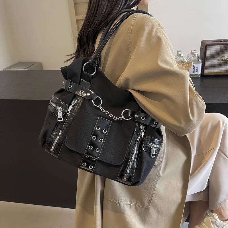 Dark heavy rivet Tote niche design large capacity plaid single shoulder crossbody trend motorcycle bag Z260207 - view 4