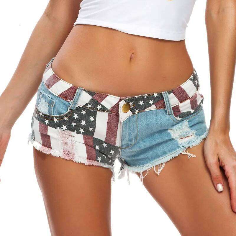 Stylish High Street Flag American Vintage Print Ripped Hip Hop Hot Girl Baggy Denim Shorts XJ260206