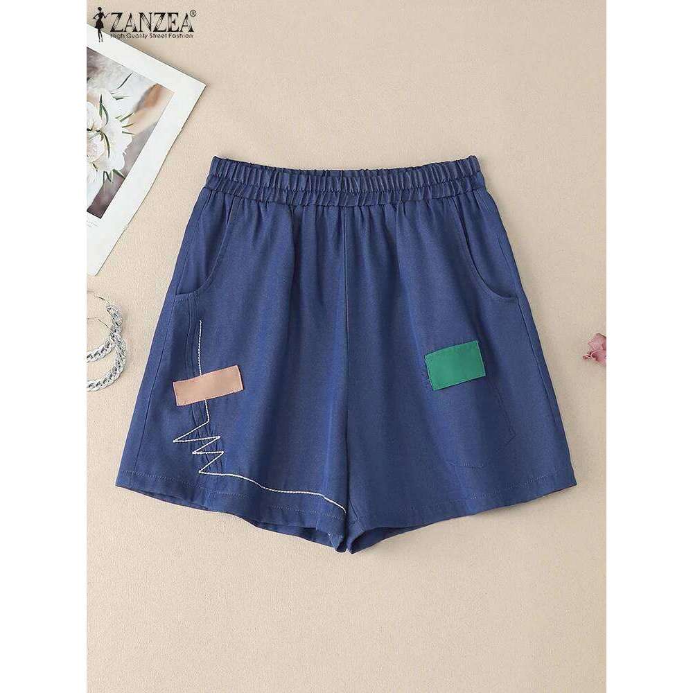 2025 ZANZEA Fashion Women Shorts Summer Casual Elastic Waist Baggy Trousers Loose Work Pantalon Vintage Patchwork Holiday Pants XJ260206