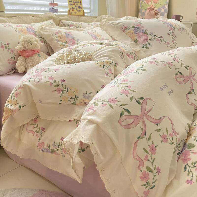 3ps Thickened Plant Floral Duvet Pink Bow Design Girl Woman Bedroom Bedding Set Colored Flowers Home Comforter Cover XJ260206