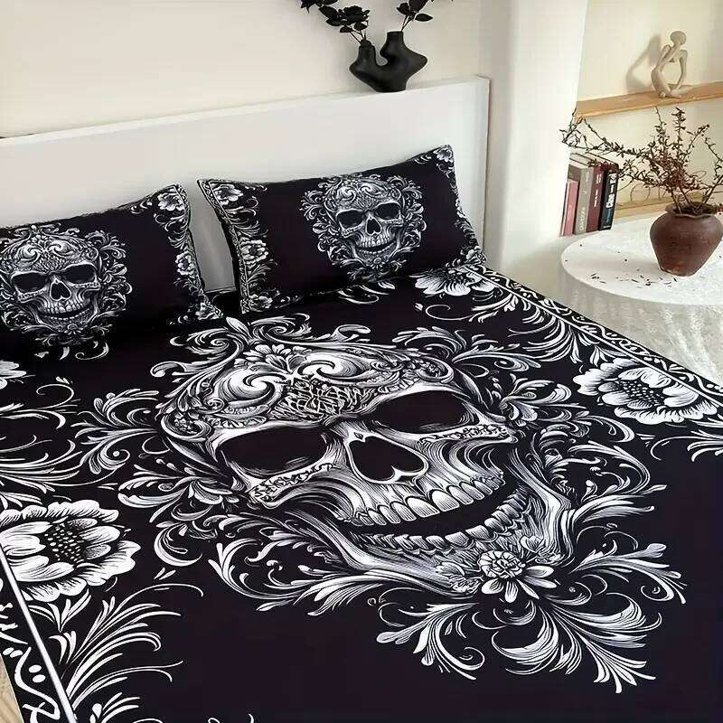 3pcs Black White Gothic Skull Fitted Sheet Set 3D Printed Mattress Covers Soft Breathable With 2 Pillowcases for Adults Bedroom XJ260206