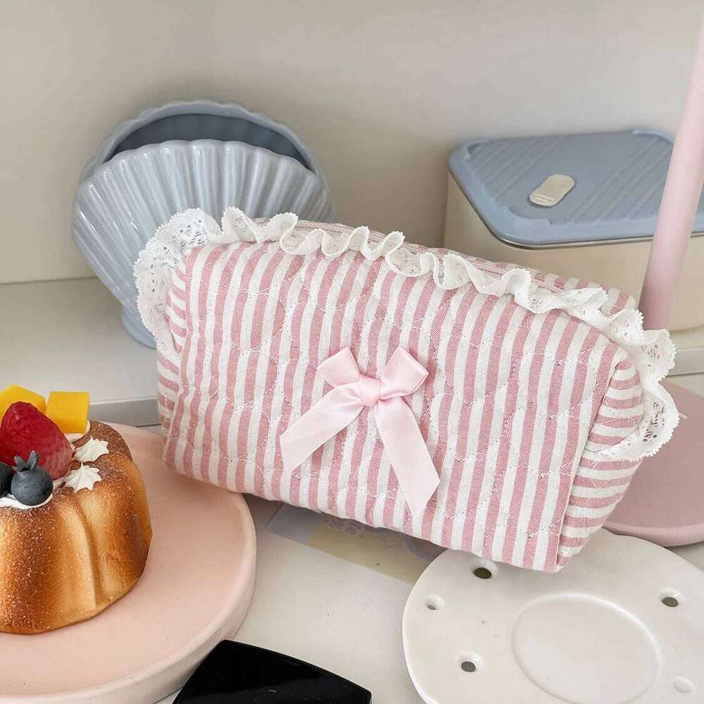 Fashion Lace Bow Women Makeup Bag Large Capacity Cosmetic Toiletry Storage Handbag Portable Travel Organizer Square Zipper Pouch Y260206