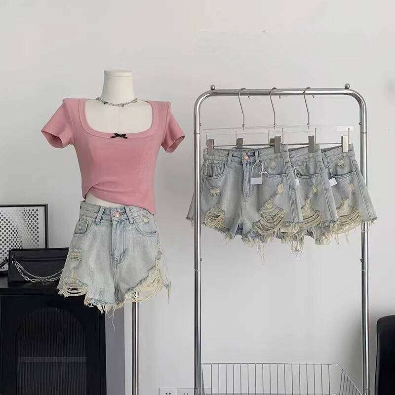 Ripped Denim Women 2026 Summer New Sexy Hole Wide-leg Jeans A-shaped Hot Pants High Waisted Shorts XJ260206