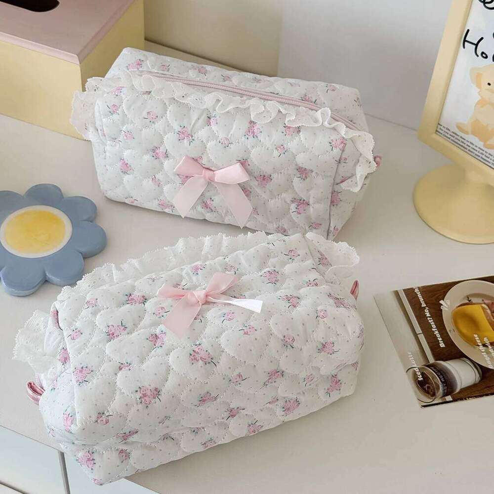 Pink Flower Women Lace Small Makeup Bag Travel Organizer Cosmetic Coins Handbag Pouch Gilrs Cute Bow Square Zipper Wallet Bags Y260206