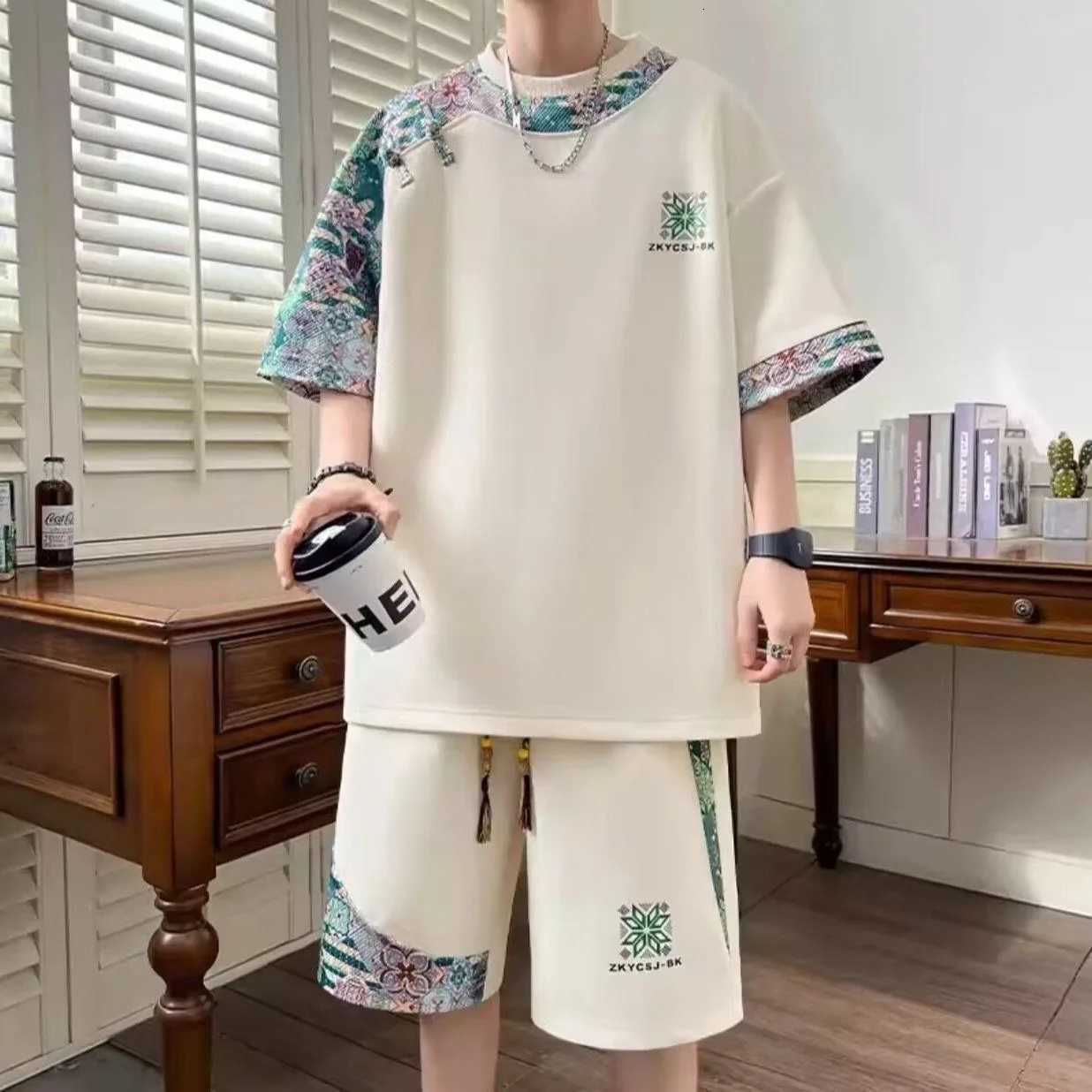 Summer New Fashion Trend Print Comfortable Breathable Short Slve Shorts Mens t shirt Casual Loose Sports Plus Size Two-Piece Set C260207