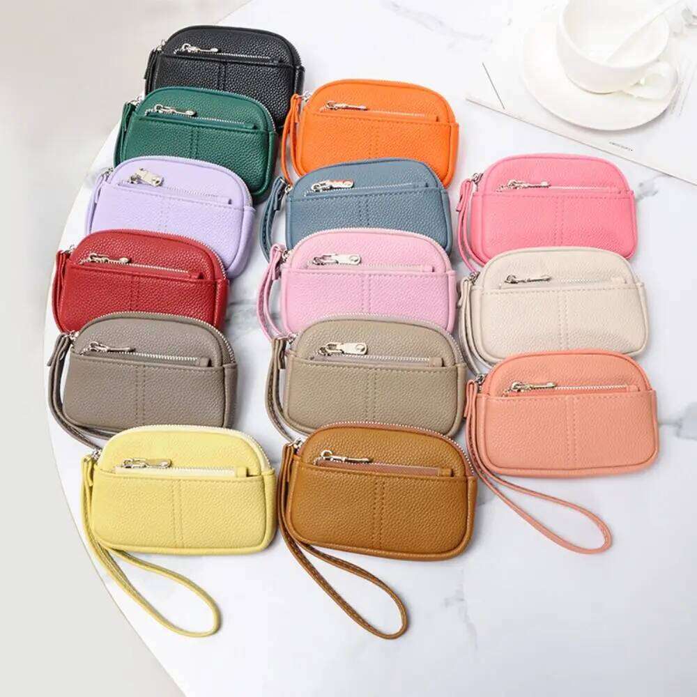 1Pc Portable PU Leather Women Mini Wallet Storage Solid Color Students Coin Purse Large capacity Zipper Wrist Key Bag Y260206