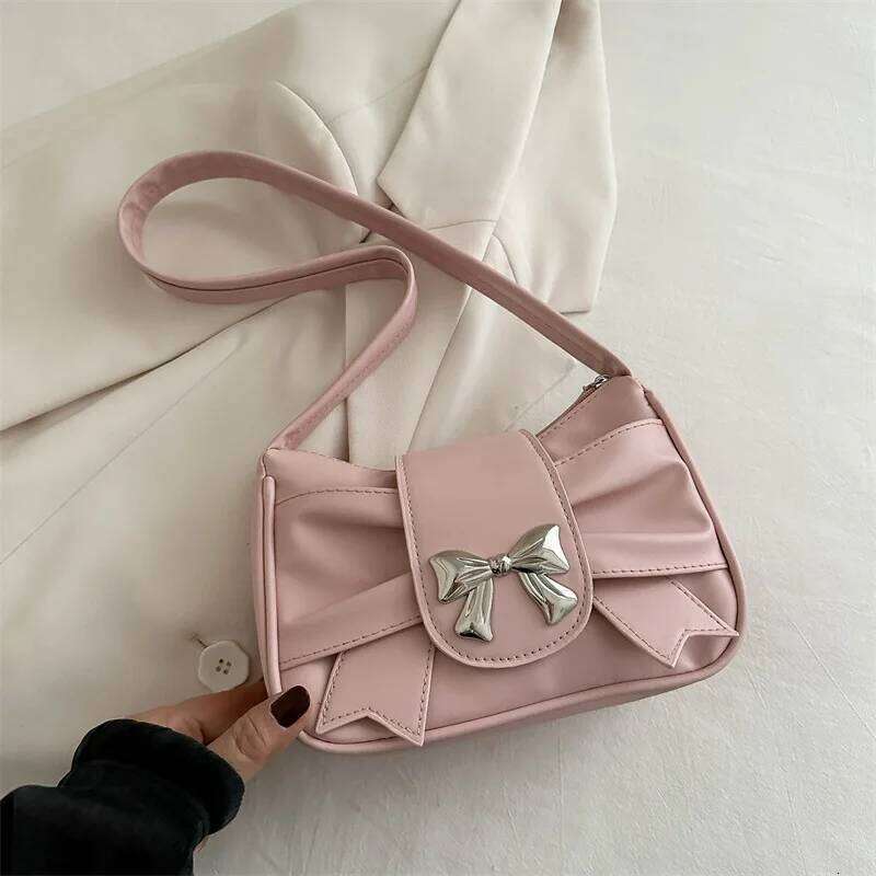 Sweet Bow Small Underarm Bag for Women Fashion PU Leather Ladies Portable Shoulder Bags Solid Color Female Clutch Handbags Y260205