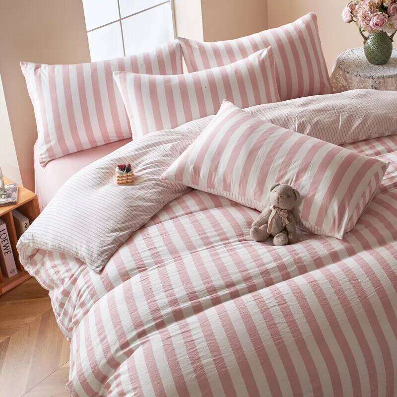 4Pcs Washed Microfiber Vertical striped colorful Bedding Set, Sweet Style Soft Duvet Cover with Zipper Flat Sheet Pillowcases XJ260206