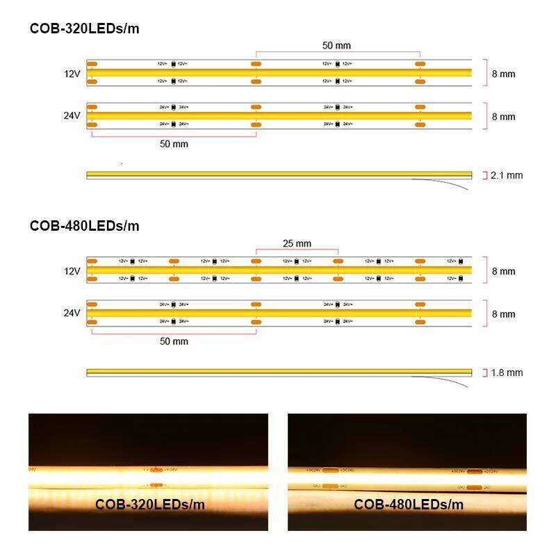 UL Listed COB LED Strip Light 320 480 LEDs/m 16.4ft High Density Flexible Tape Ribbon 3000-6500K RA90 Led Lights DC12V 24V Z260206