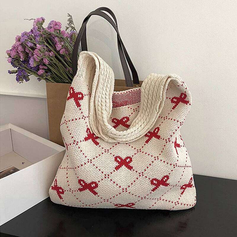 Designer Beach Shoulder Women Crochet Tote Large Capacity Bow Pattern Knitted Shopping Bag Traveling Handbag Y260205