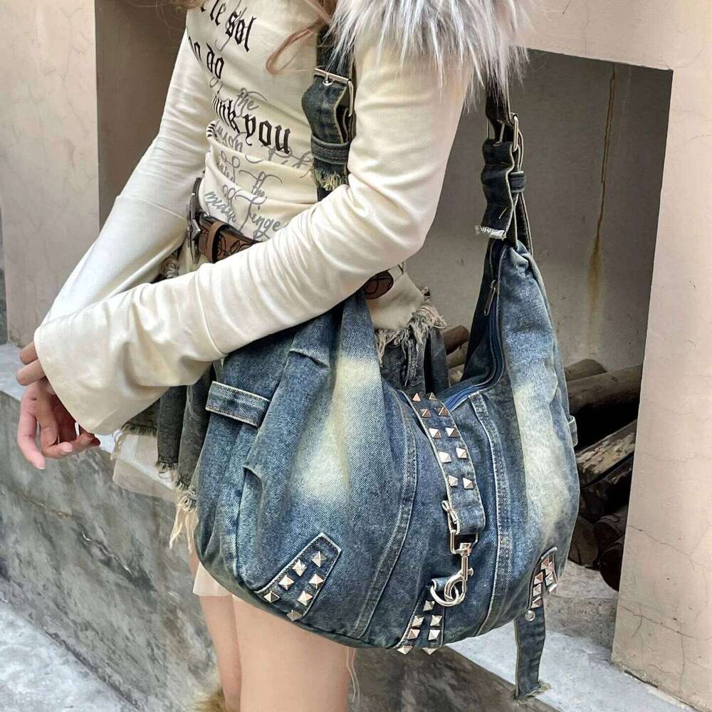 Vintage rivet Women Shoulder Bags Large Capacity Cowboy ladies hobos Handbags Washed denim Crossbody bag big totes bolsas blue Z260207 - view 3