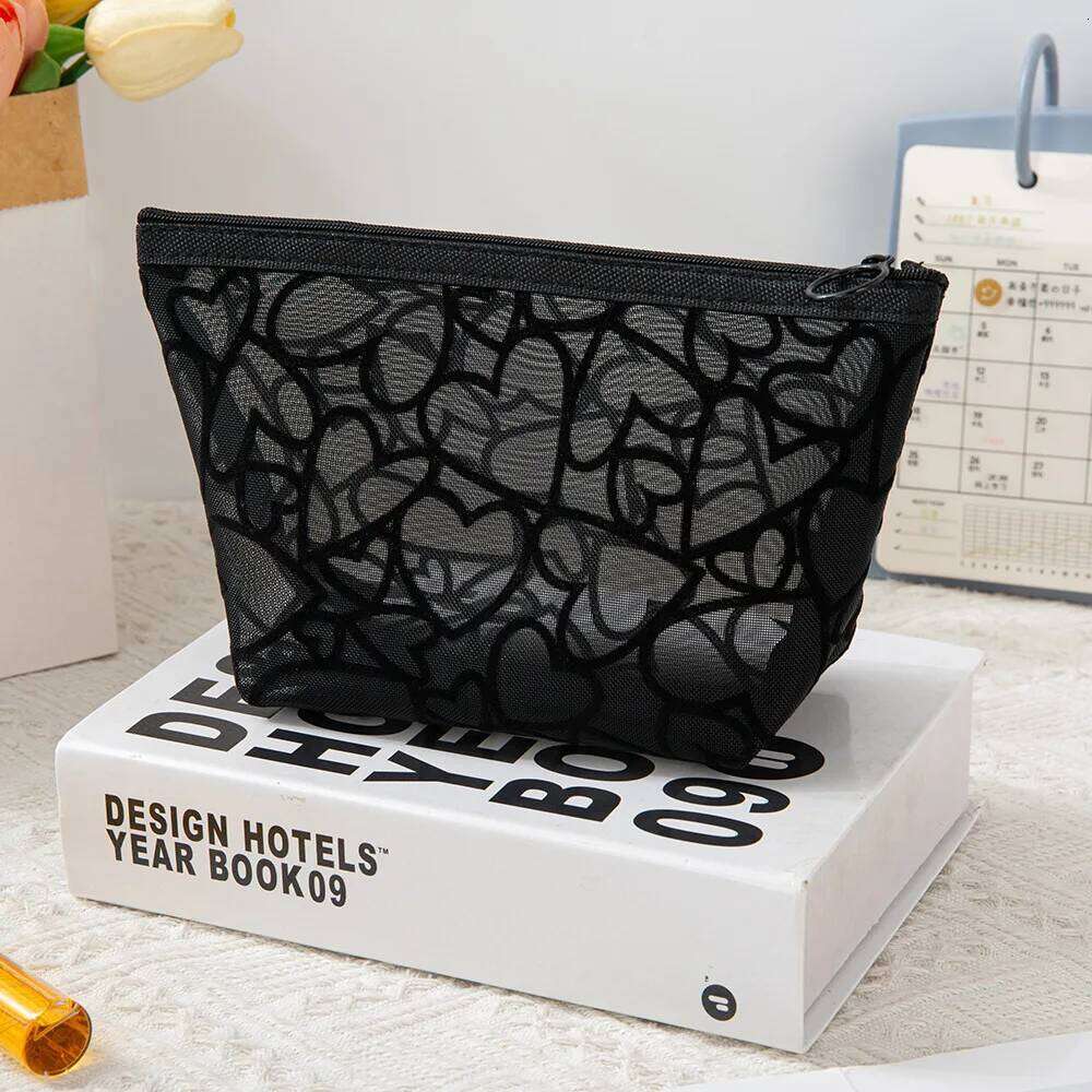 1Pc Fashion Heart Transparent Women Cosmetic Mini Portable Makeup Lipsticks Storage Pouch Handbag Mesh Nylon Zipper Bag Y260206
