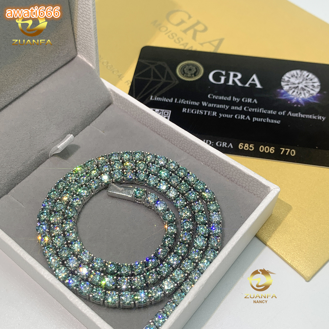 Hot Sale 3mm 4mm 65mm S925 Sterling Silver Gold Plated Blue Green Diamond Necklace Moissanite Tennis Chain