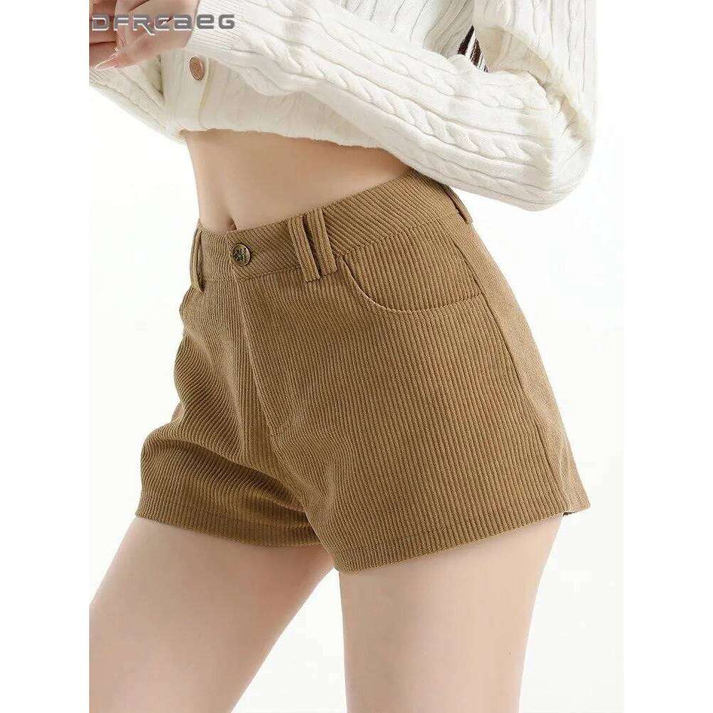 Coffee High Waist Vintage Woman Corduroy Shorts Autumn Winter Slim Fit Hot Girl Short Boot Pants Lady XJ260206
