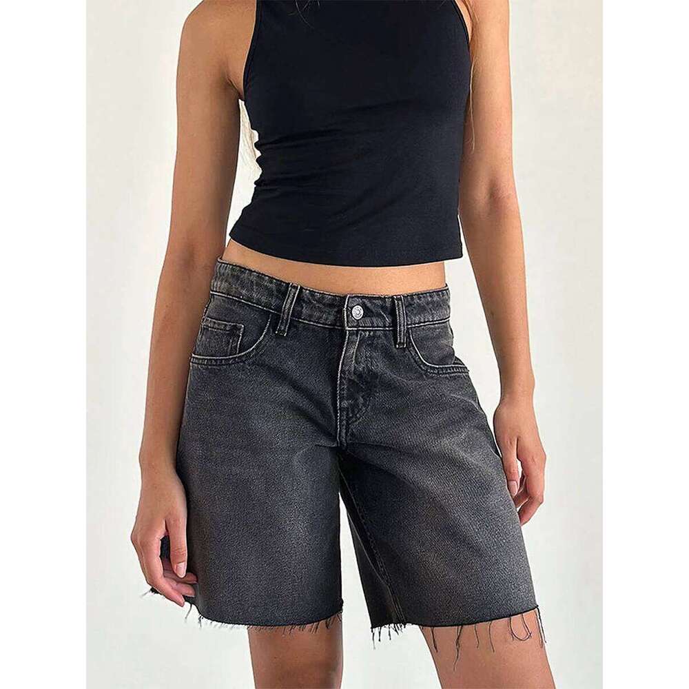 Women's Knee Length Denim Summer Loose Solid Color Wide Leg Raw Hem Vintage Bermuda Shorts with Pockets for Streetwear XJ260206