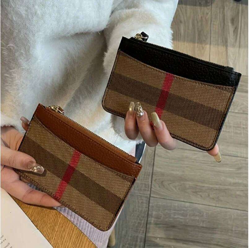 1pc Stylish Vintage Zipper Coin Purse for Women Large Capacity Genuine Leather Wallet, with Key Holder Brown & Beige Plaid Design Y260206