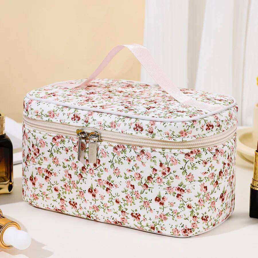 Women's Fashion Floral Square Makeup Storage Portable Toiletry Cosmetic Pouch Handbag With Handle Ladies Zipper Clutch Bag Y260206