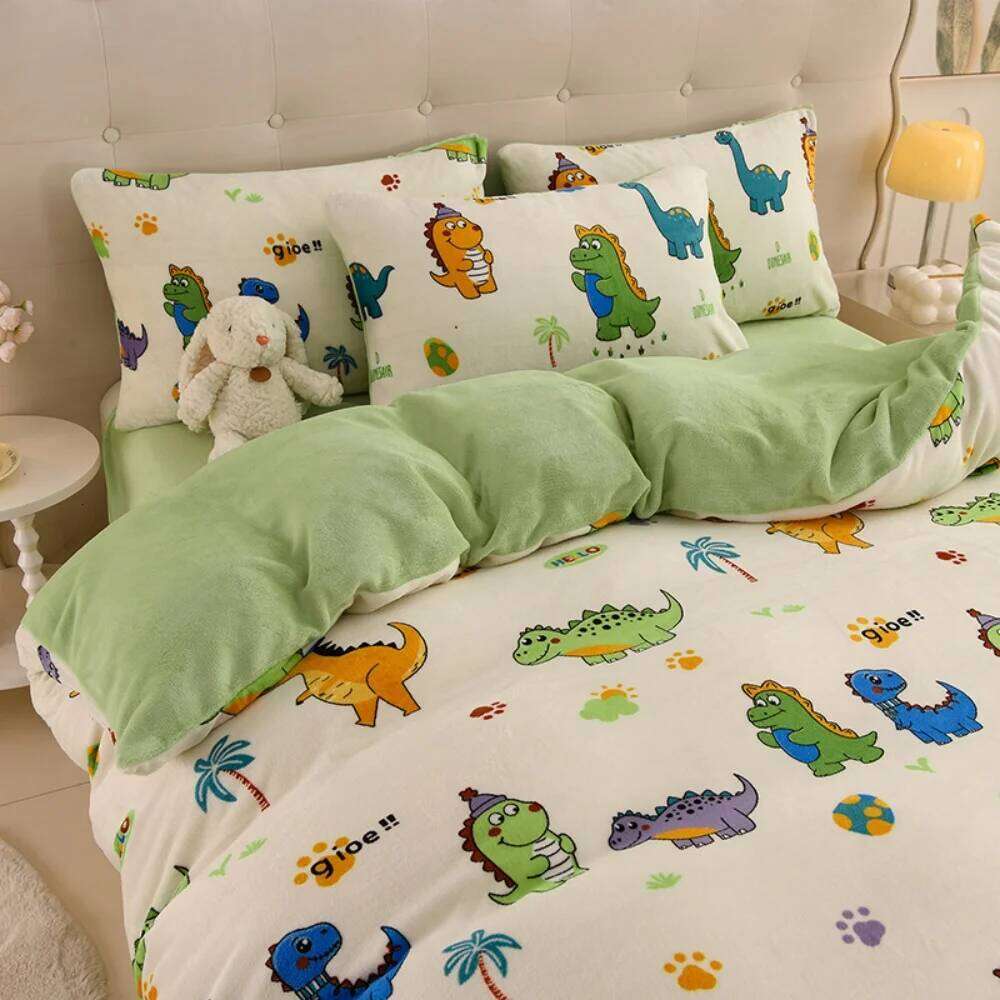 Cartoon Print Milk Velvet Soft Four-Piece Thickened Winter Warm Duvet Quilt Cover Bed Sheet Pillowcase Bedding Set XJ260206