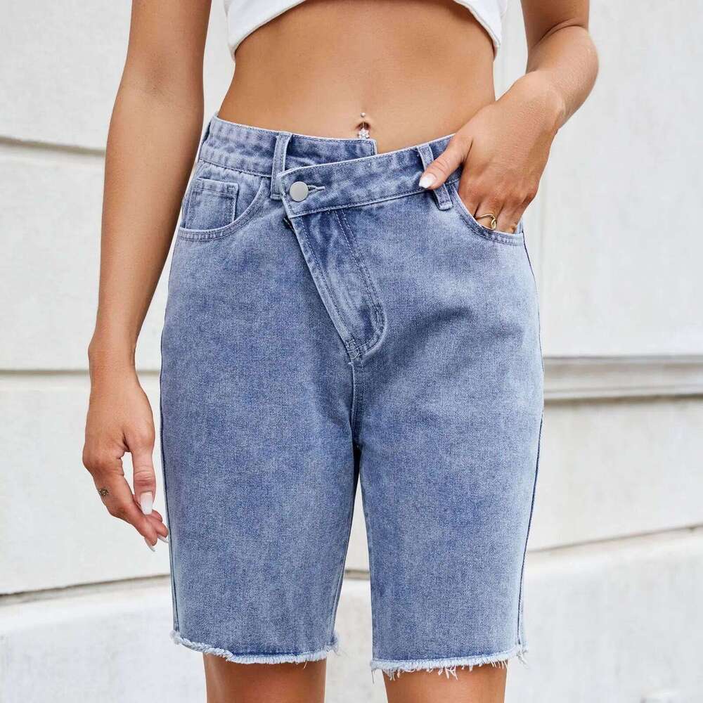 Irregularly Waisted Women's Denim Shorts. Spring and Summer New Fashion Solid-color Casual Loose Straight-leg Mid-length Jeans XJ260206