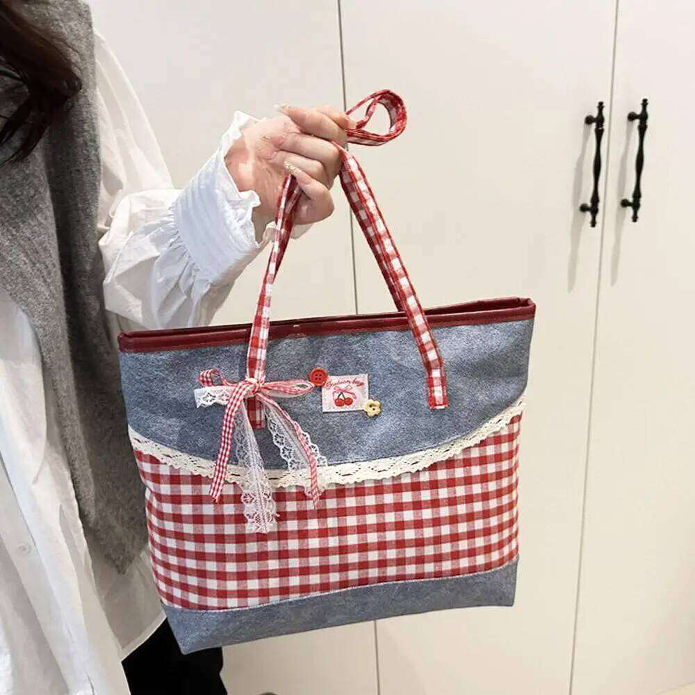 Retro Lattice Lace Bow Shoulder Lovely Rural Style Denim Plaid Handbag Leisure Vintage Commuting Tote Bag Women Z260207 - view 6