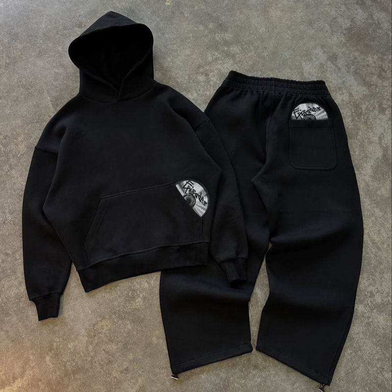 American Street Style Personality CD Pattern Pocket Design Hoodie and Sweatpants Set Y2K Trend 241031
