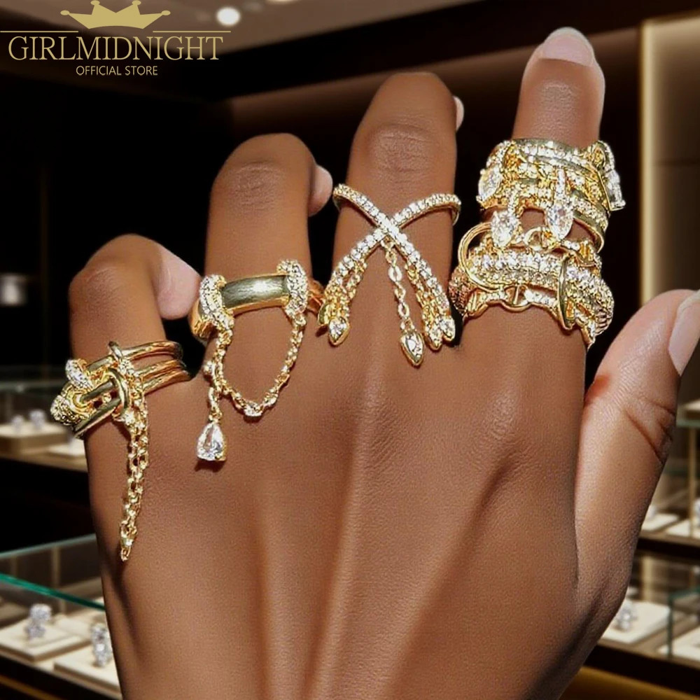 Iced Out Stack Chain Ring Gold Color Micro Paved 5A CZ Engagement Band Multi Piece Stacking Finger Fashion Jewelry 260205