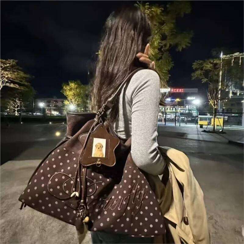 Sweet Harajuku Polka Dot Tote Women Embroidered Letter Large Capacity Shoulder Bag Ladies Drawstring Versatile Underarm Bags Y260205