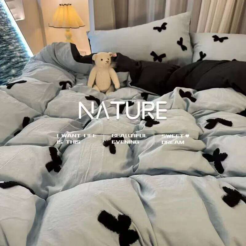 Light Luxury New Blue Bow Quilt Cover Washed Embroidered Sheet Sour-Piece Set Bedding Dormitory Bed Girls Soft and Warm XJ260206