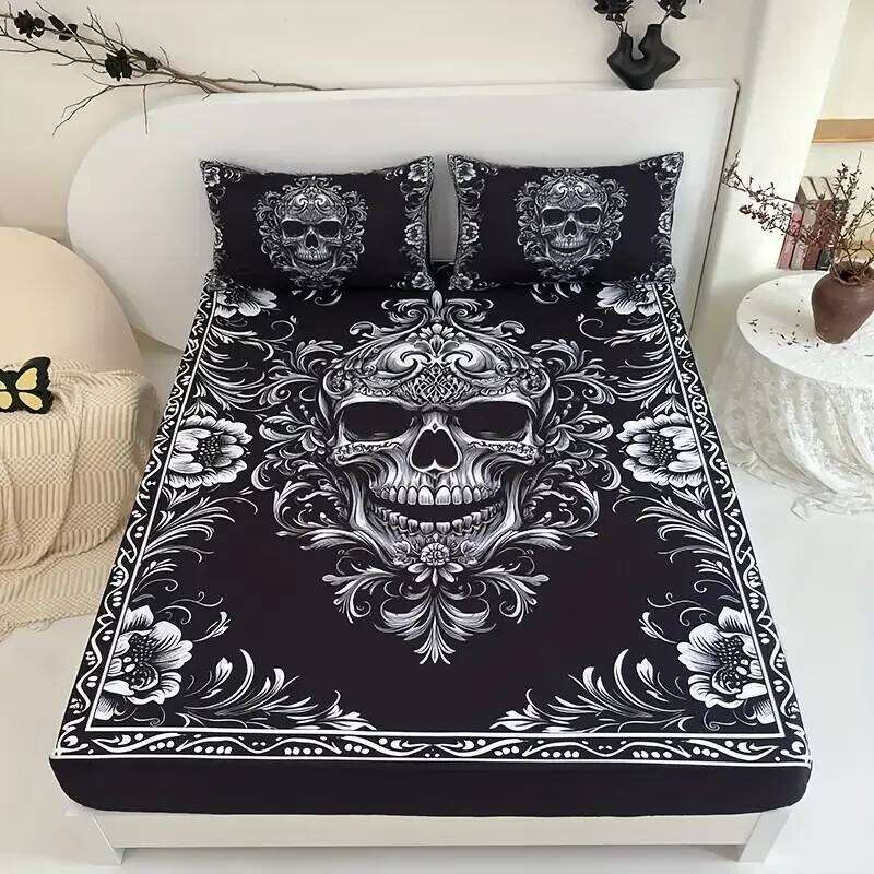 3pcs Black White Gothic Skull Fitted Sheet Set 3D Printed Mattress Covers Soft Breathable With 2 Pillowcases for Adults Bedroom XJ260206