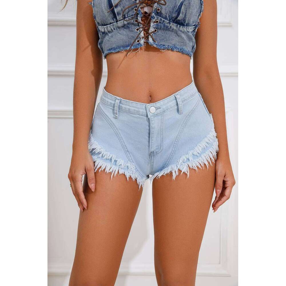 2026 New Sky blue Women Sexy Distressed Ripped High Waist Tassel Denim Jeans Shorts S-xl XJ260206