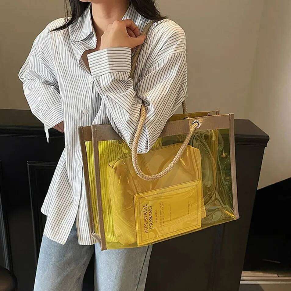 Fashion Large Capacity Transparent Tote Women's Versatile Stylish Shopping Bag Weaving Straps Female Single Shoulder Bags Y260205