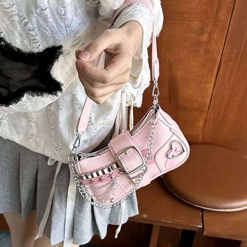 Vintage Korean Casual Cute Pink Star Shoulder Underarm Tote Bag Ladies Sling Bags Leather Zip Purses Women Chain Y2k Handbag New Y260205