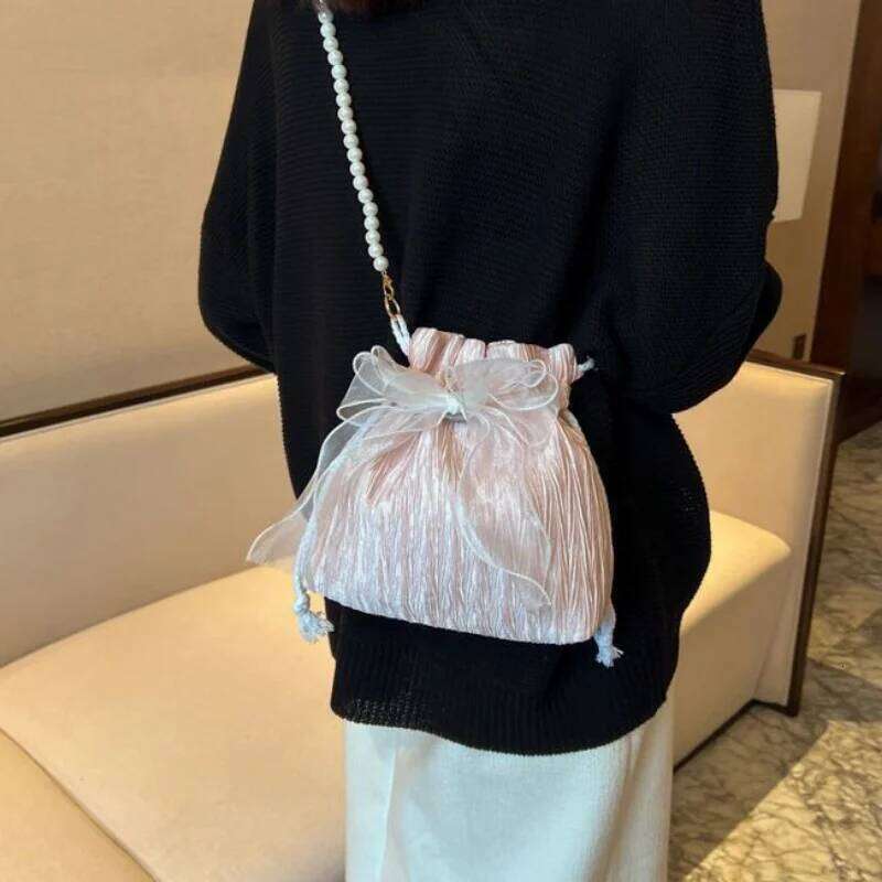 Chic Bowknot Canvas Crossbody Bag with Faux Pearl Chain - Versatile & Stylish Bucket Shoulder Purse for Women Y260205