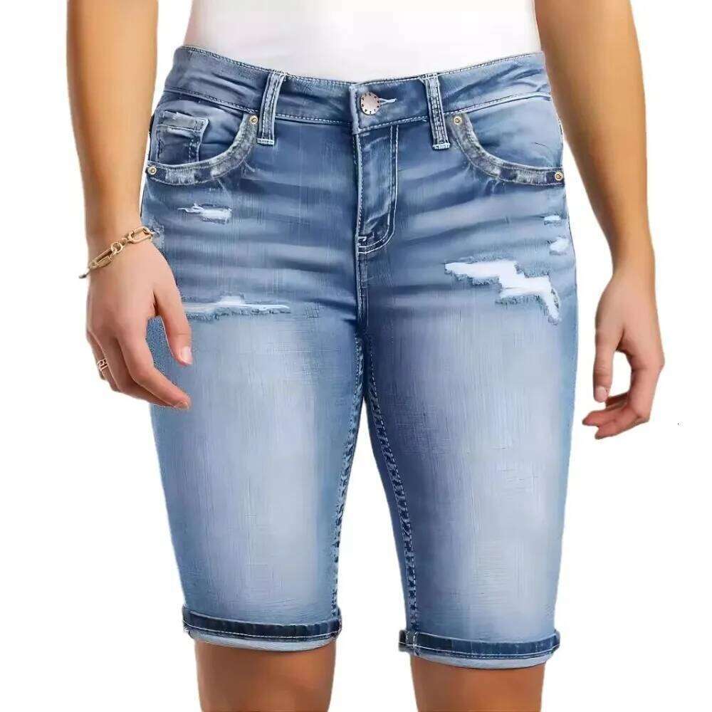 Hole Denim Shorts Women High Waist Solid Short Pants Basic Slim Fit Jeans Office Lady Button Pocket Skinny Casual Elegant XJ260206