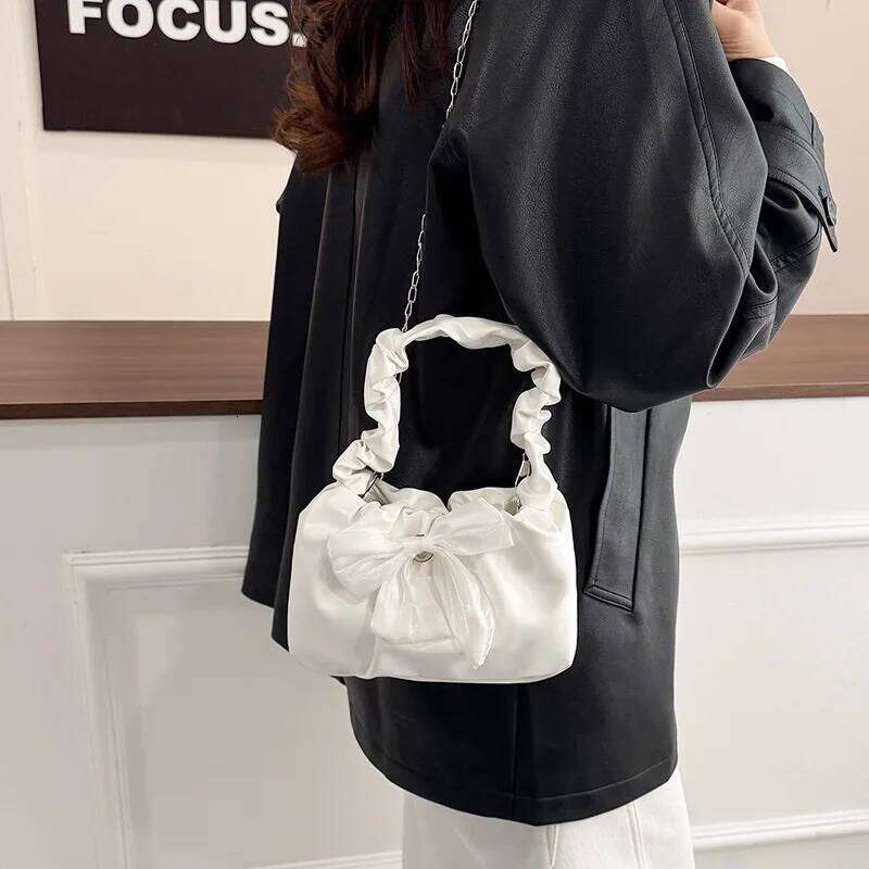 French Sweet Bow Pleated Strap Shoulder Bags for Women Versatile Ladies Chain Crossbody Bag Solid Color Female Pu Handbag Purse Y260205