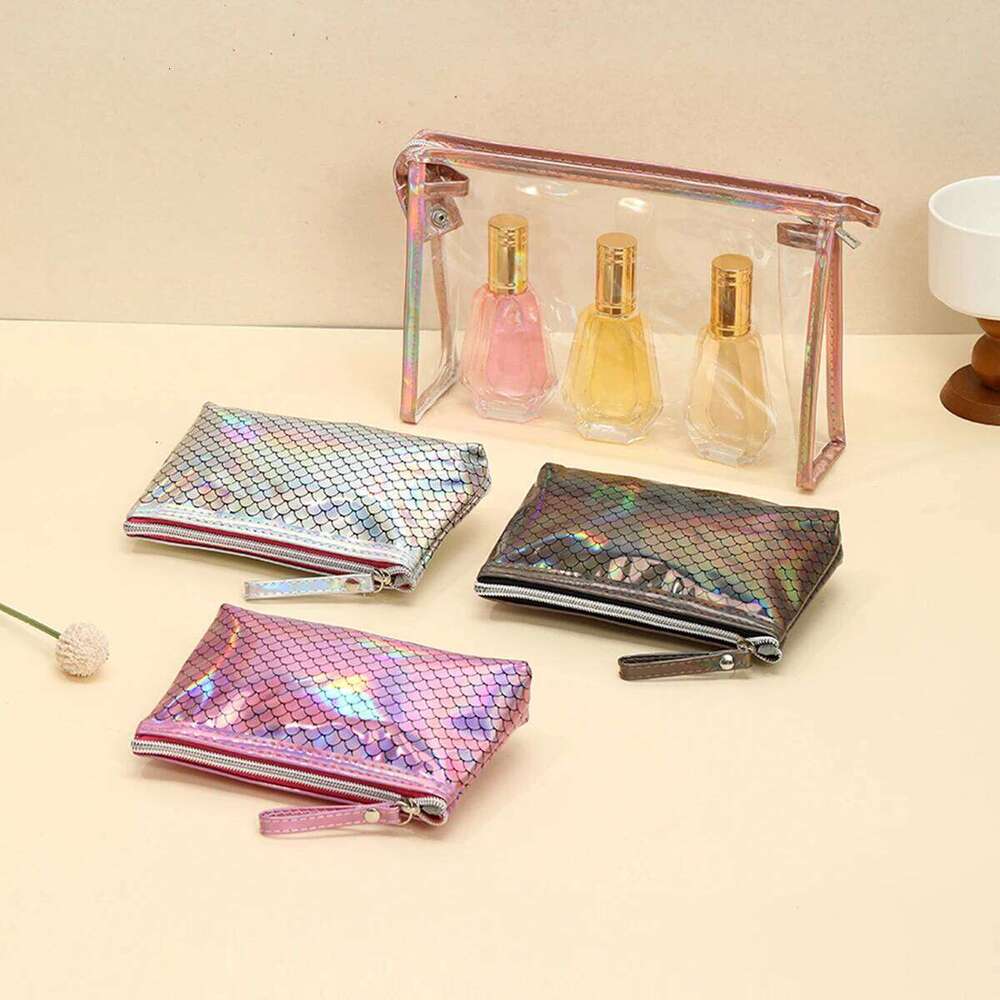 Fashion two-piece waterproof PVC cosmetic Laser fish scale transparent storage beauty Multi functional makeup bag Y260206