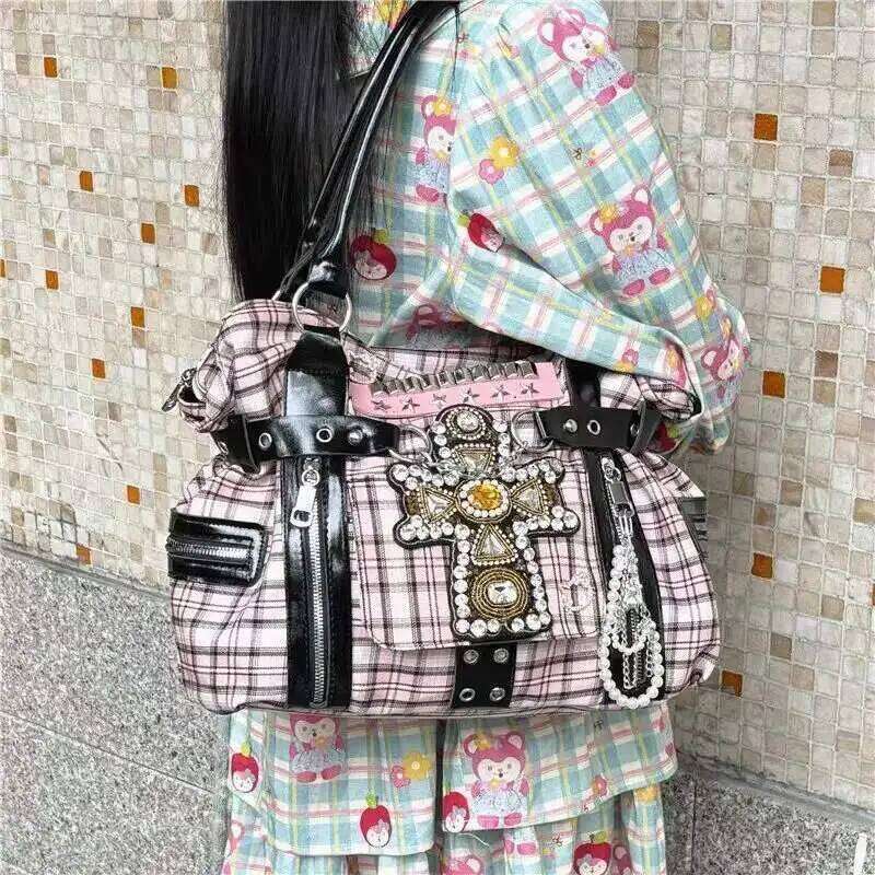 Y2k Women Pink Plaid Shoulder Cute Harajuku Girl Large Capacity Handbags Fashion Canvas Briefcase New Original Punk Tote Bag Z260207 - view 4