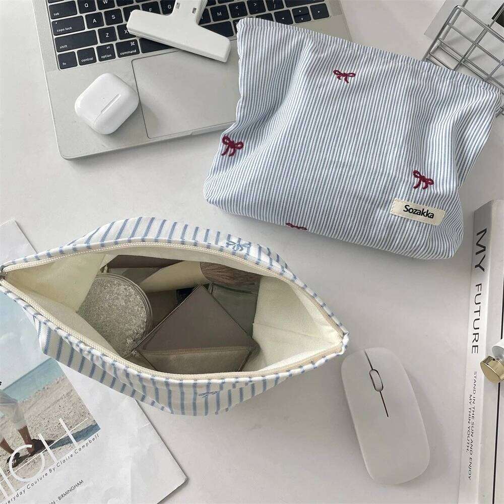 Striped Plaid Embroidered Women Cosmetic Bag Portable Zipper Makeup Travel Organizer Female Toiletry Storage Pouch Y260206