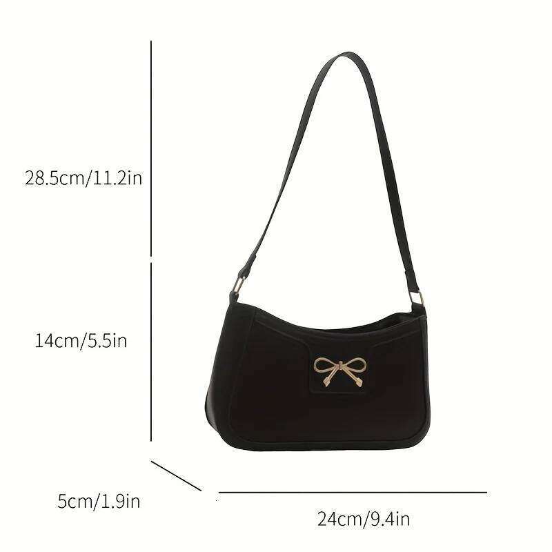 Chic Black Crescent Shoulder for Women Elegant Underarm Purse with GoldenTone Bow Detail Polyester Lined Stylish PU Tote Bag Y260205