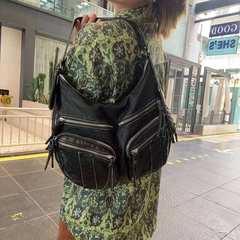 Retro Large Capacity Women's Soft PU Leather Motorcycle Multi-pocket Work Commuting One-Shoulder Crossbody Tote Bag Y260205