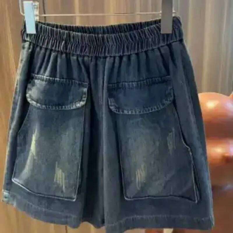 Women's Dark Wash Denim Elastic Waist Distressed Loose Fit Casual Daily Summer Shorts XJ260206