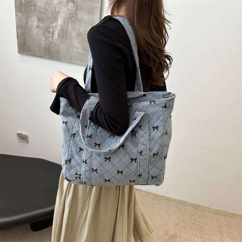 Corduroy Tote Bow Pattern Shoulder Bag Large Capacity Fashion Underarm Commuting Handbags Shopping Bags Eco-friendly Handbag Y260204