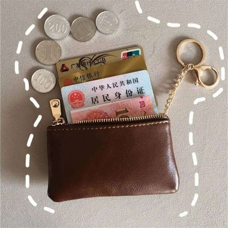 Small zipper change retro oil wax leather women's card thin key bag, red envelope, car keychain. Y260206