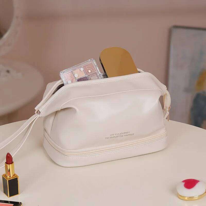 New large capacity waterproof PU cloud makeup Double layered women's portable storage box Wash cosmetic bag Y260206