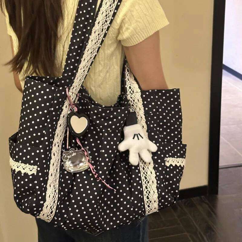 Korean Vintage Canvas Shoulder Women Cute Lace Large Capacity Tote Multi Pocket Handbag Fashion Round Dot Underarm Bag Y260205