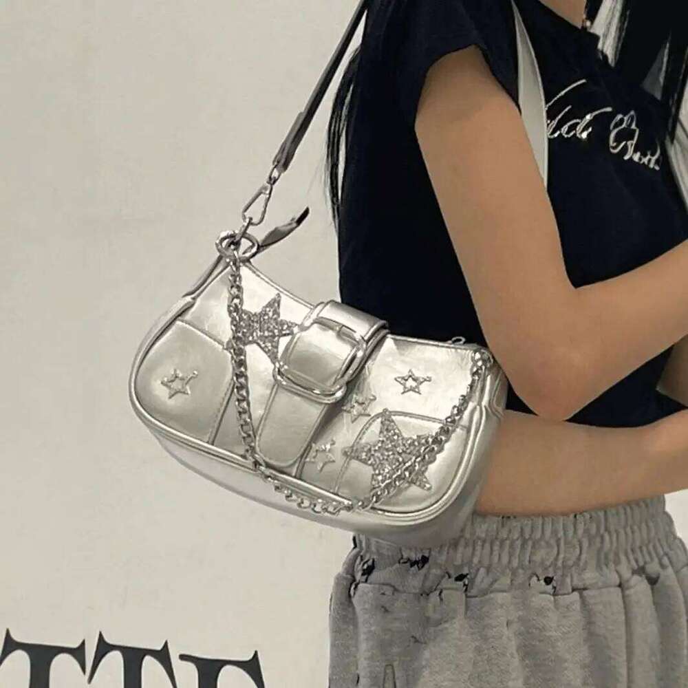 Women's Y2k Star Embroidery Shoulder Mini Chain Hobos Sweet Cool Girls Vintage Handbag Coquette Underarm Motorcycle Bag Y260205