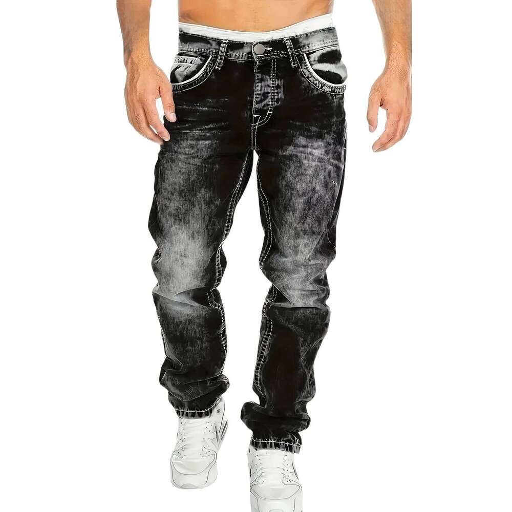 1pc Men's Casual Slim-Fit Stretch Jeans, Fashionable Street-Style Gradient Denim Pants with Washed-Out Look, Regular Fit, Machin X260207