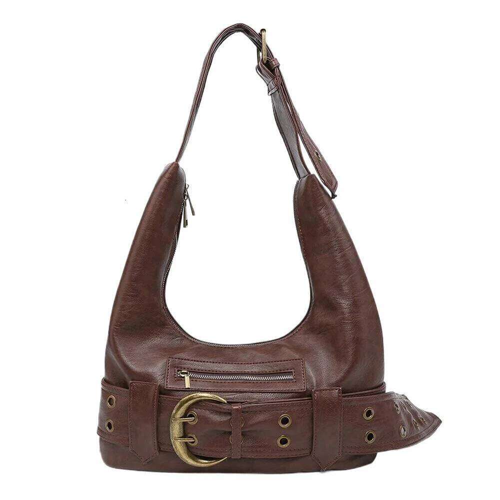 PU Leather Vintage Shoulder Adjustable Strap Y2k Tote Belt buckle Trendy Motorcycle Bag Commute Travel Shopping Handbag Z260207 - view 4
